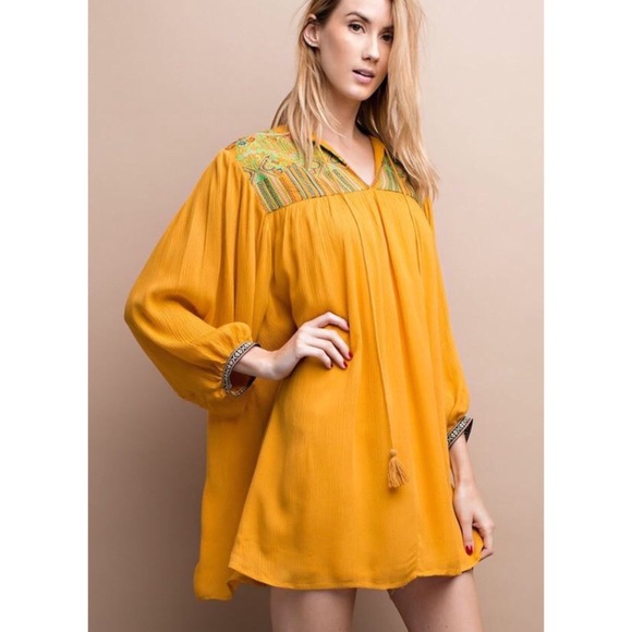 ❗️CLOSING SALE❗️ Mustard Embroidered Tunic Dress - Picture 2 of 3